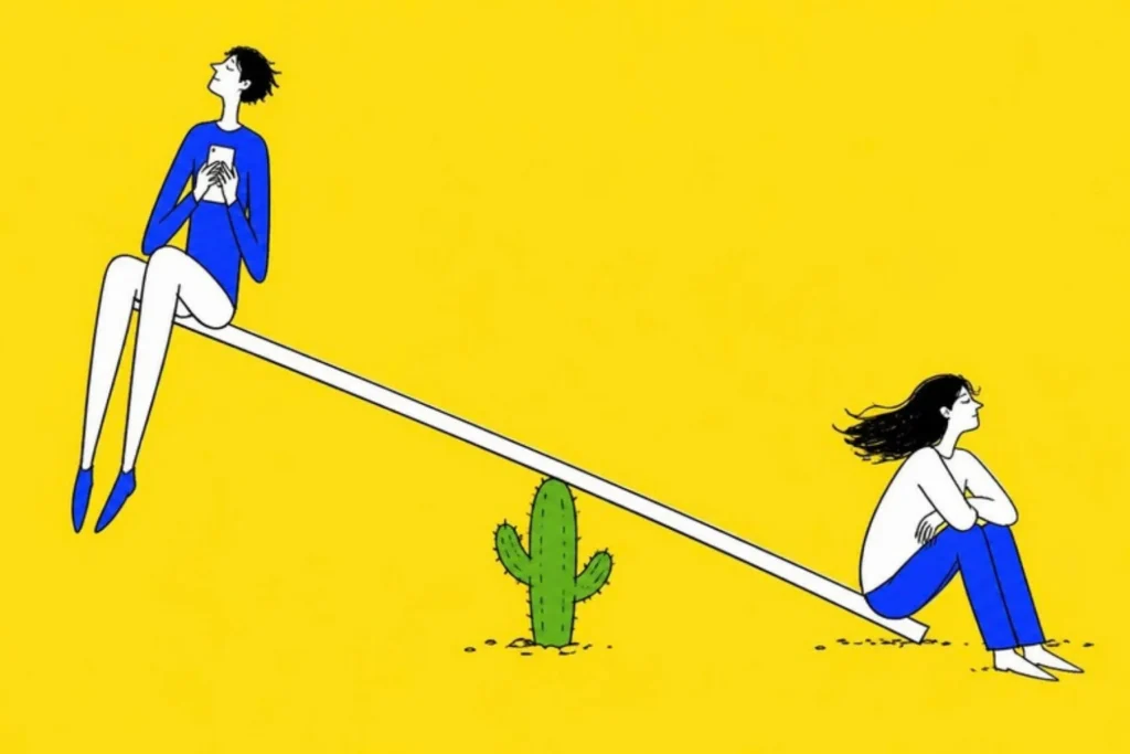 Illustration of two people on a seesaw with a cactus as the pivot, one high holding a phone, one low looking away, plum background