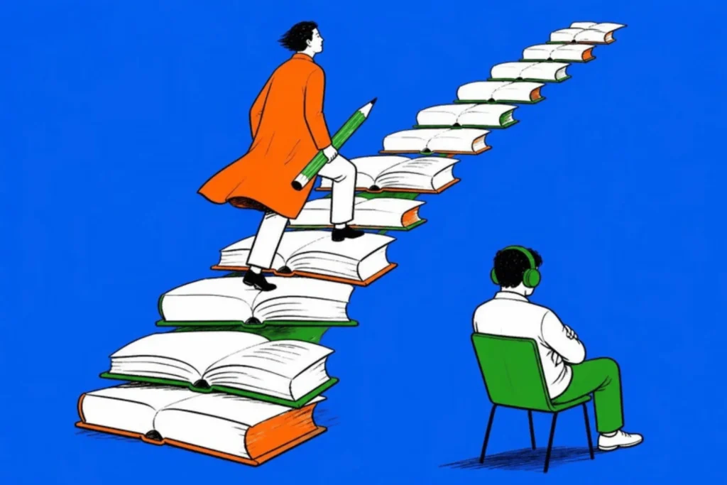 Adult in an orange coat climbing a staircase of open books while another sits below with headphones on, cobalt background