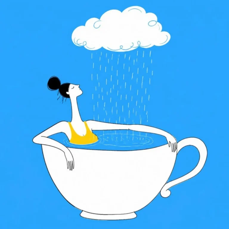 Illustration of a person sitting calmly in a giant teacup while a small cloud rains only into the cup, sky blue background