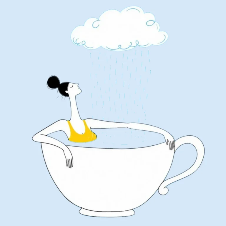 Illustration of a person sitting calmly in a giant teacup while a small cloud rains only into the cup, sky blue background