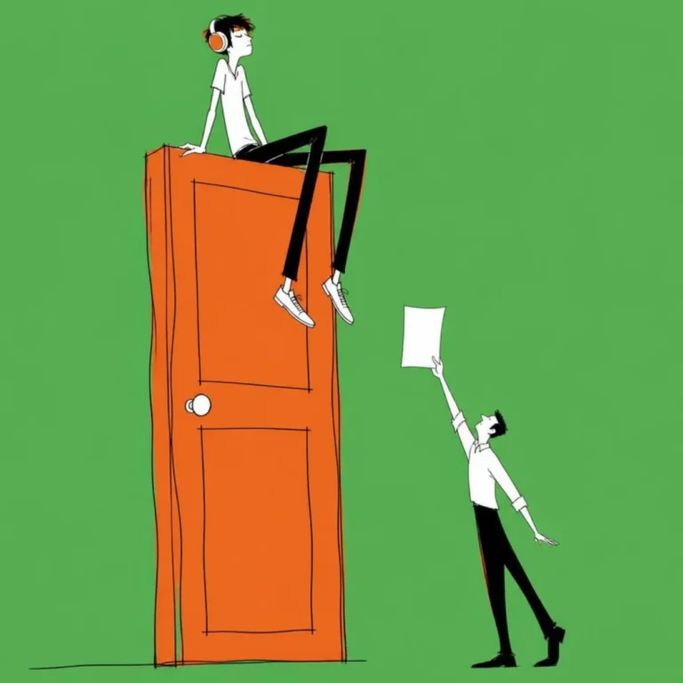 Illustration of a teenager with headphones sitting on top of a giant yellow door while an adult below holds up a page, lilac background
