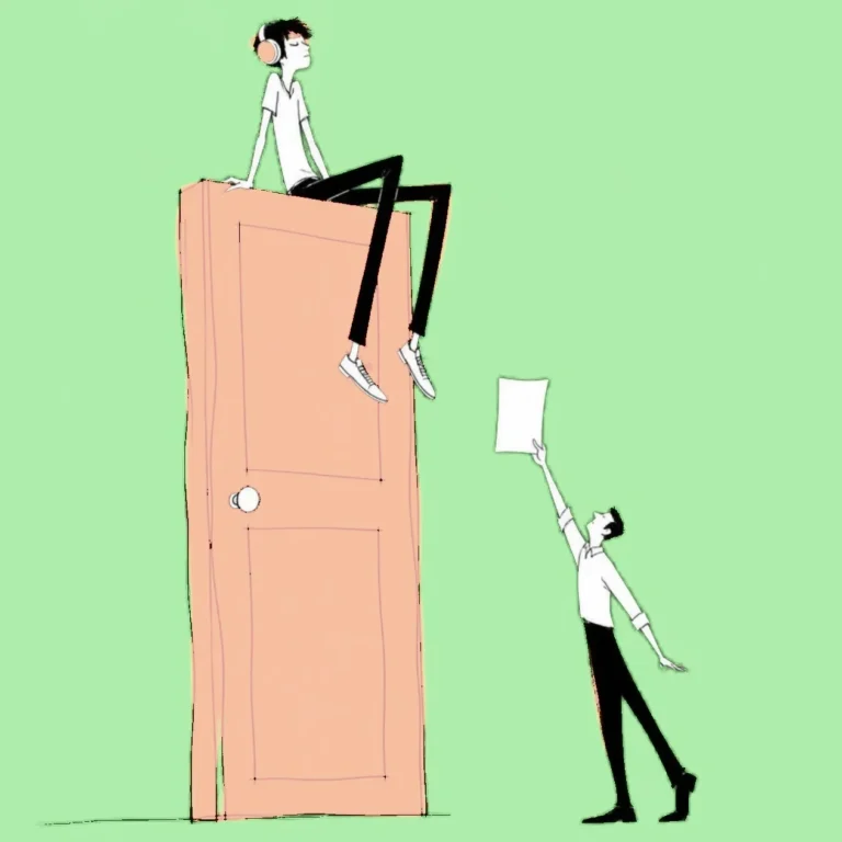 Illustration of a teenager with headphones sitting on top of a giant yellow door while an adult below holds up a page, lilac background