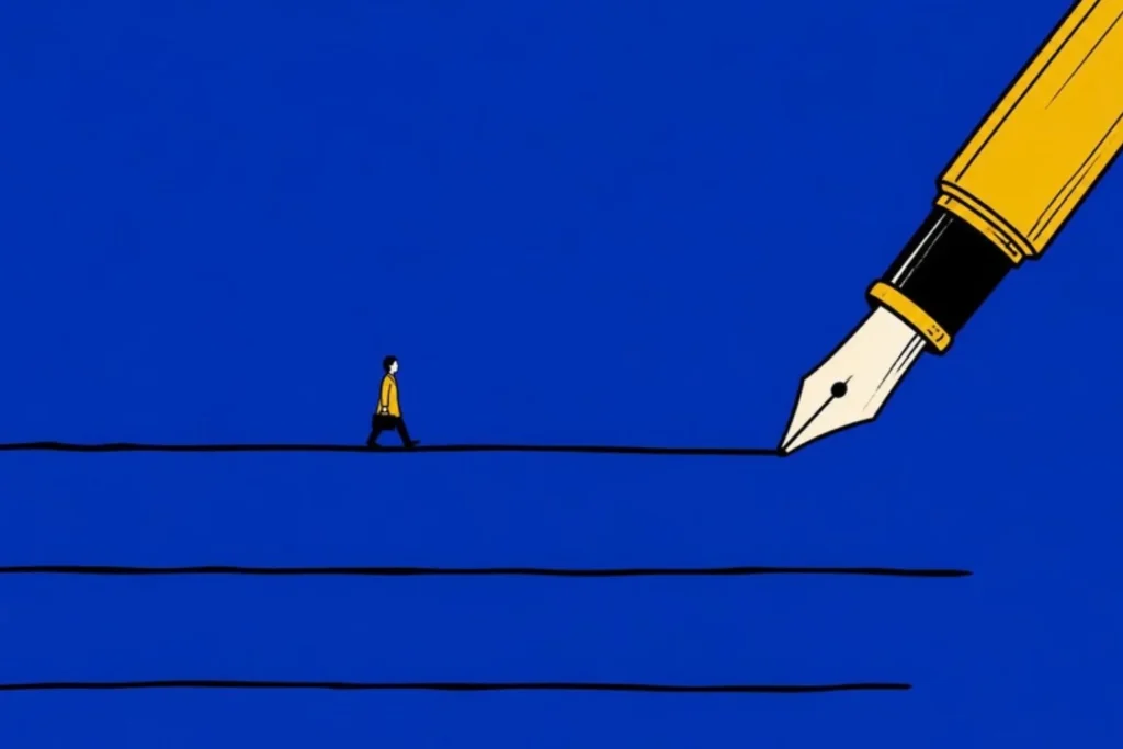 Illustration of a giant fountain pen drawing three long lines and a tiny person walking along the middle line, cobalt background