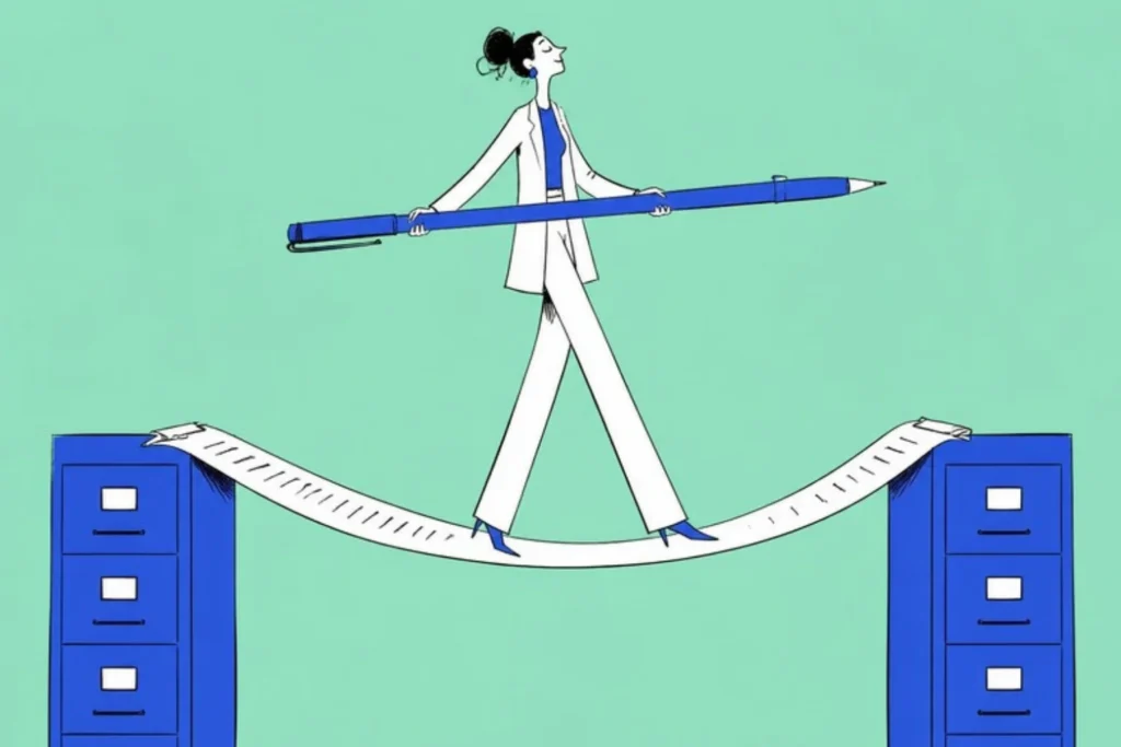 Illustration of a therapist walking a tightrope made of paper between two filing cabinets, holding a pen as a balancing pole, mint background