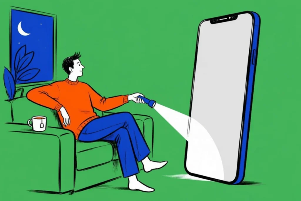 Person on a sofa at night pointing a torch at a giant phone, green background