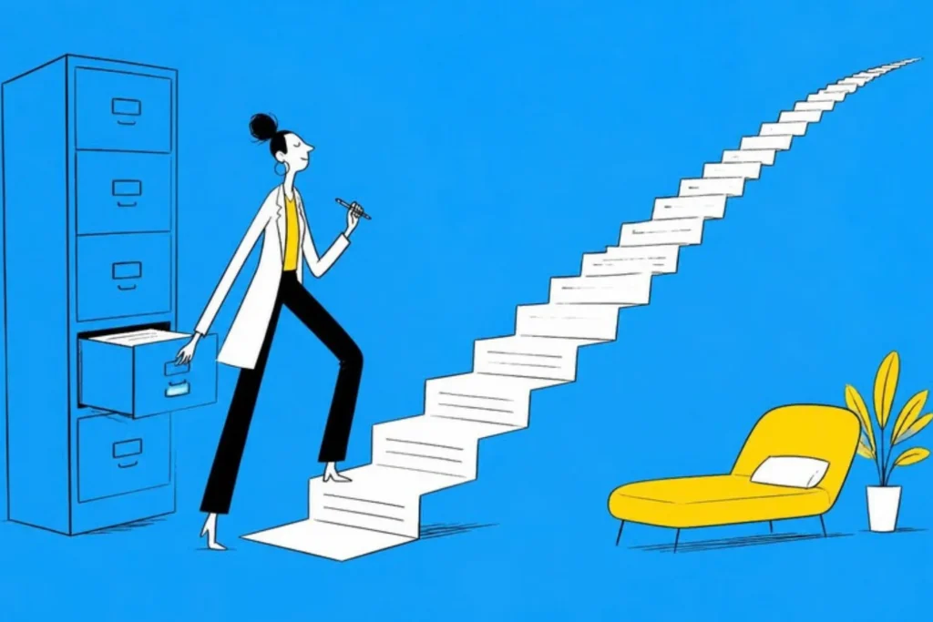 Illustration of a therapist stepping onto a staircase of paper unfolding from a filing cabinet drawer, sky blue background