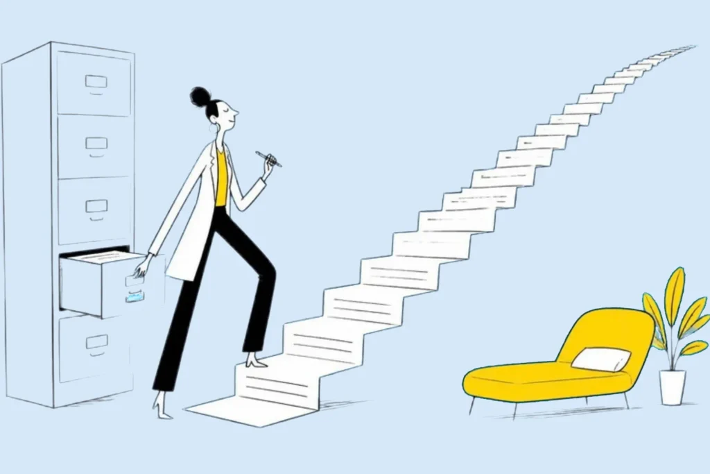Illustration of a therapist stepping onto a staircase of paper unfolding from a filing cabinet drawer, sky blue background
