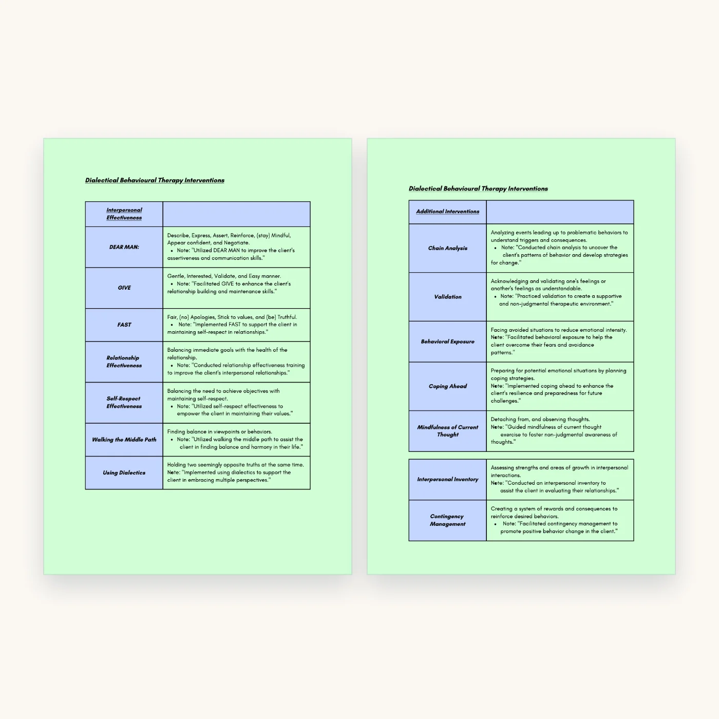 Therapy Interventions with HIPAA-Compliant Progress Note Examples, inside pages 9 and 10