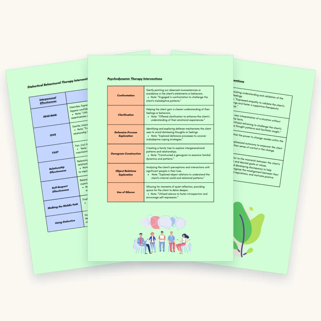 Therapy Interventions with HIPAA-Compliant Progress Note Examples, pages 9, 17, 25 fanned out