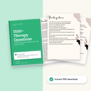 1500+ Therapy Questions for Counsellors and Therapists: cover with inside pages, instant PDF download