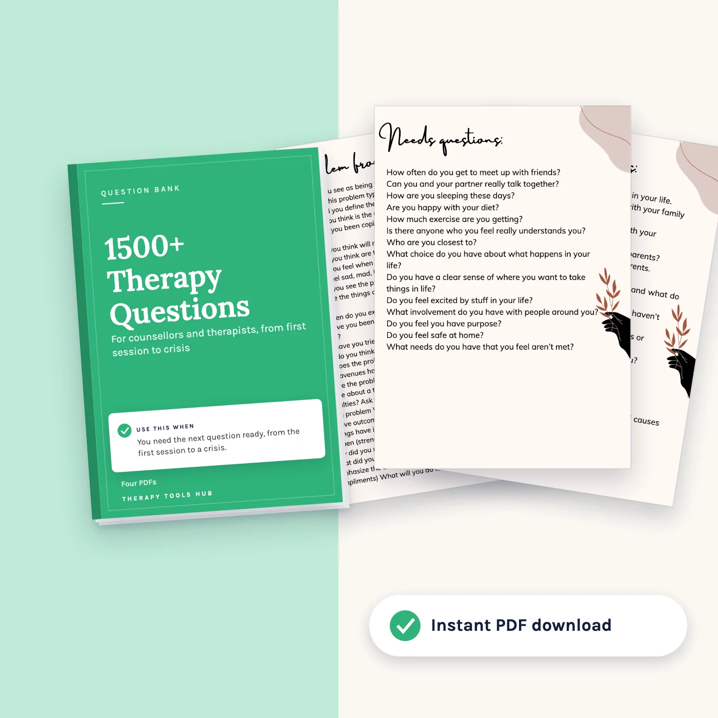 1500+ Therapy Questions for Counsellors and Therapists: cover with inside pages, instant PDF download