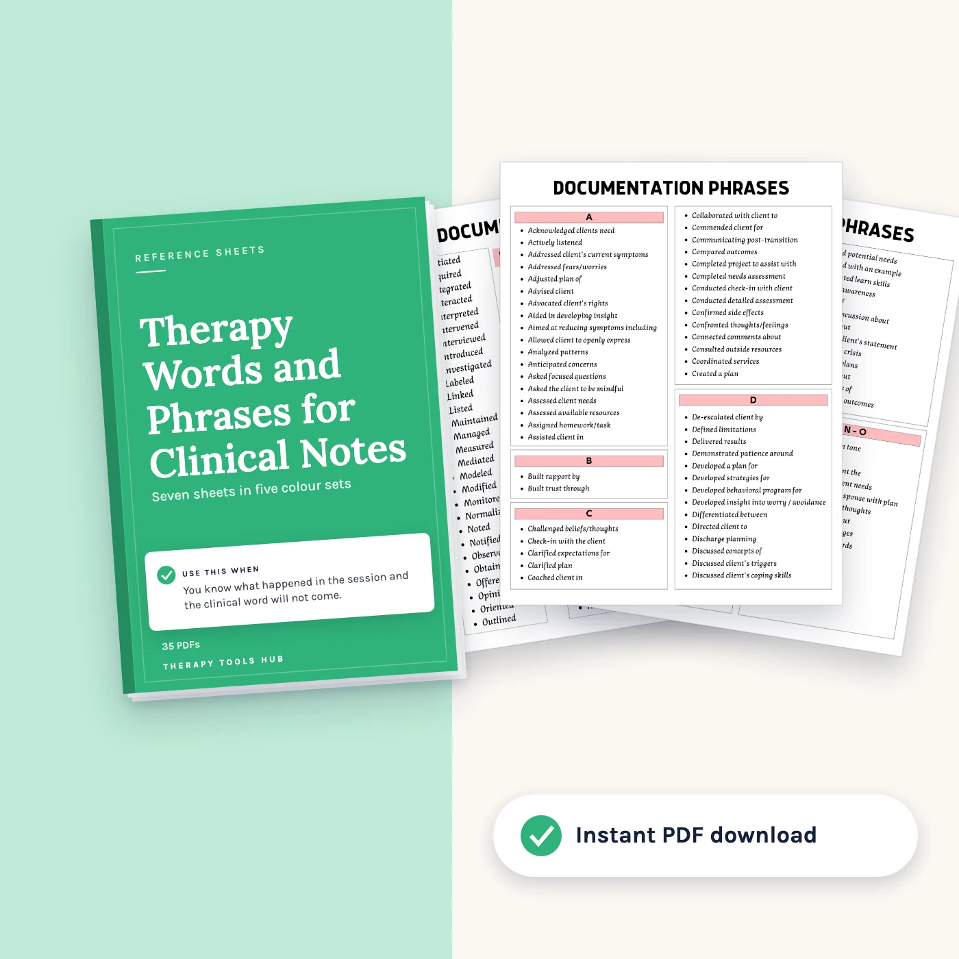 Therapy Words and Phrases Bundle for Clinical Notes: cover with inside pages, instant PDF download