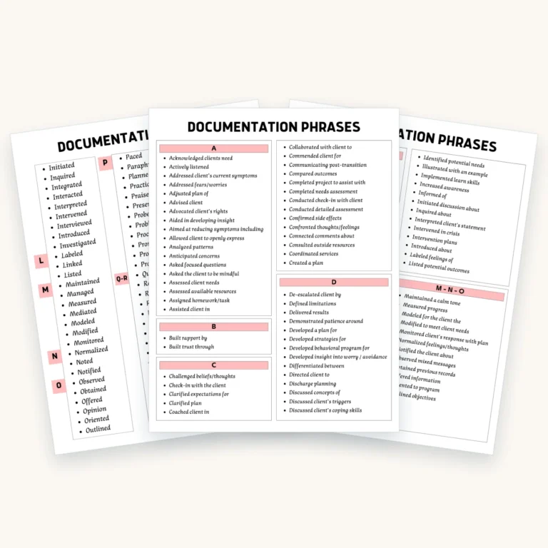 Therapy Words and Phrases Bundle for Clinical Notes, pages 2, 3, 4 fanned out