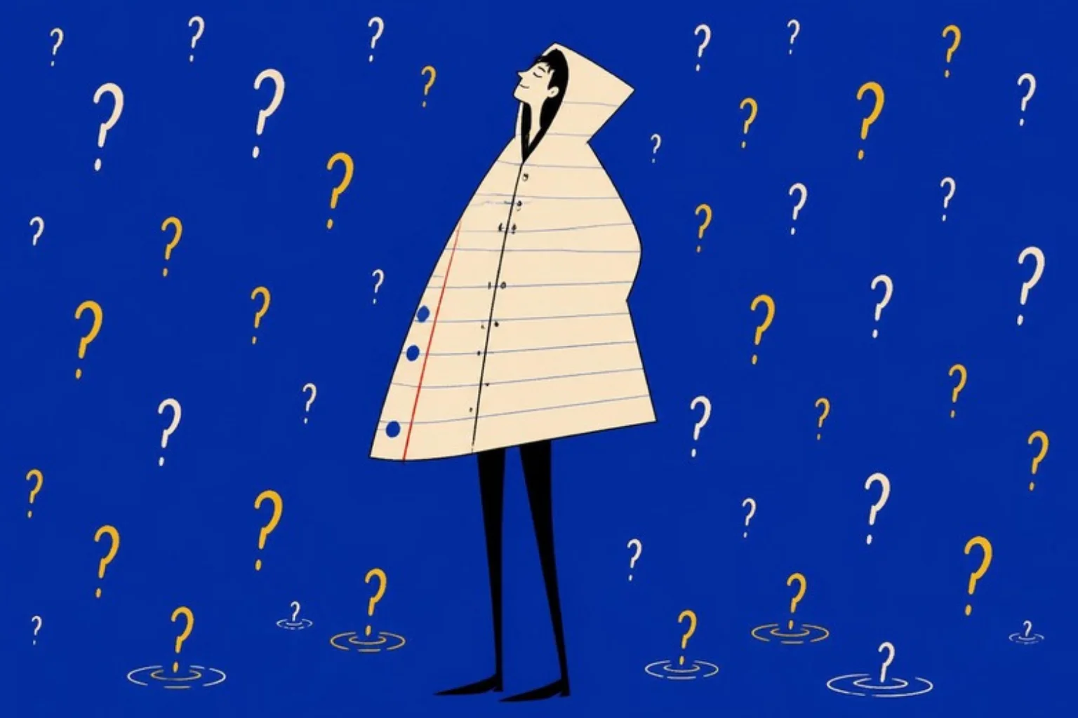 Illustration of a calm person wearing a sheet of paper as a raincoat while question marks rain down around them, cobalt blue background
