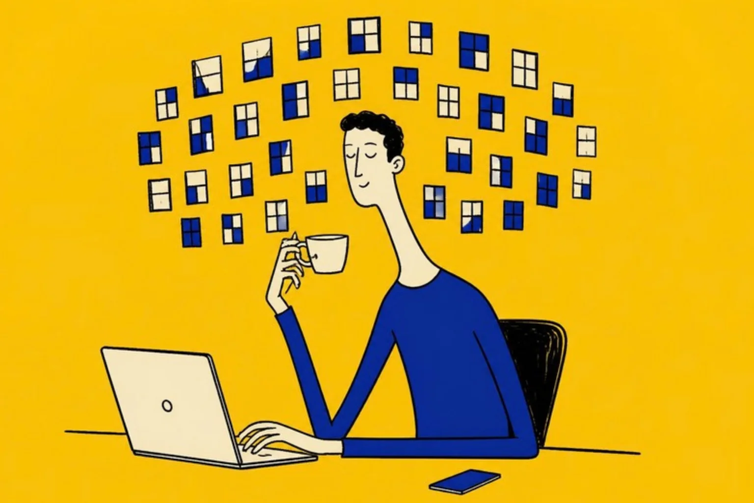 Illustration of a person at a laptop with thirty small windows circling their head like birds, mustard background