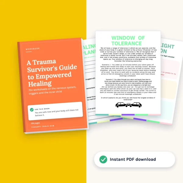 A Trauma Survivor's Guide to Empowered Healing: 70+ Worksheets: cover with inside pages, instant PDF download