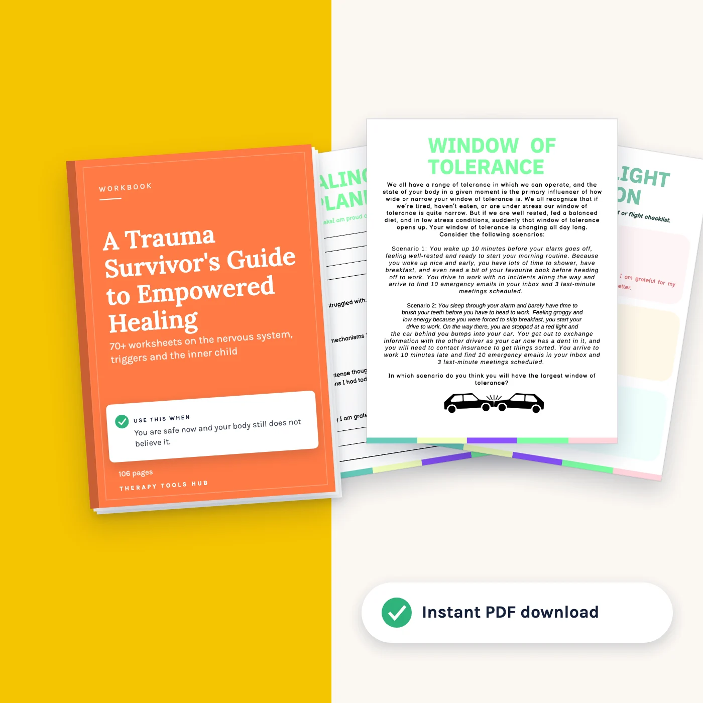 A Trauma Survivor's Guide to Empowered Healing: 70+ Worksheets: cover with inside pages, instant PDF download