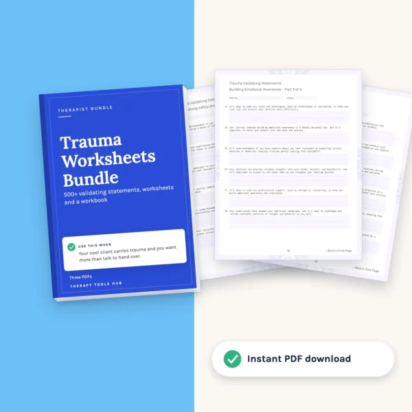 Trauma Worksheets Bundle for Counsellors and Coaches: cover with inside pages, instant PDF download