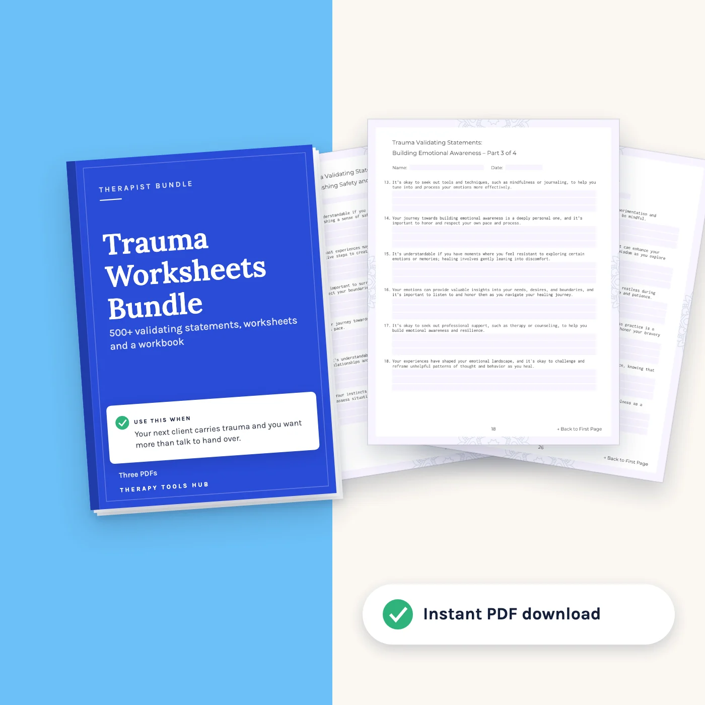 Trauma Worksheets Bundle for Counsellors and Coaches: cover with inside pages, instant PDF download