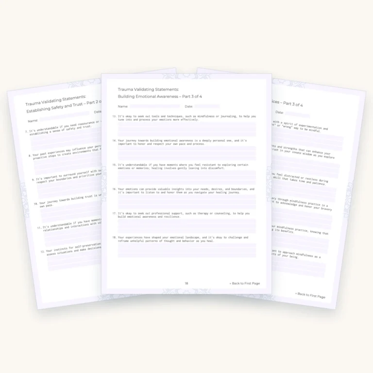 Trauma Worksheets Bundle for Counsellors and Coaches, pages 9, 18, 26 fanned out