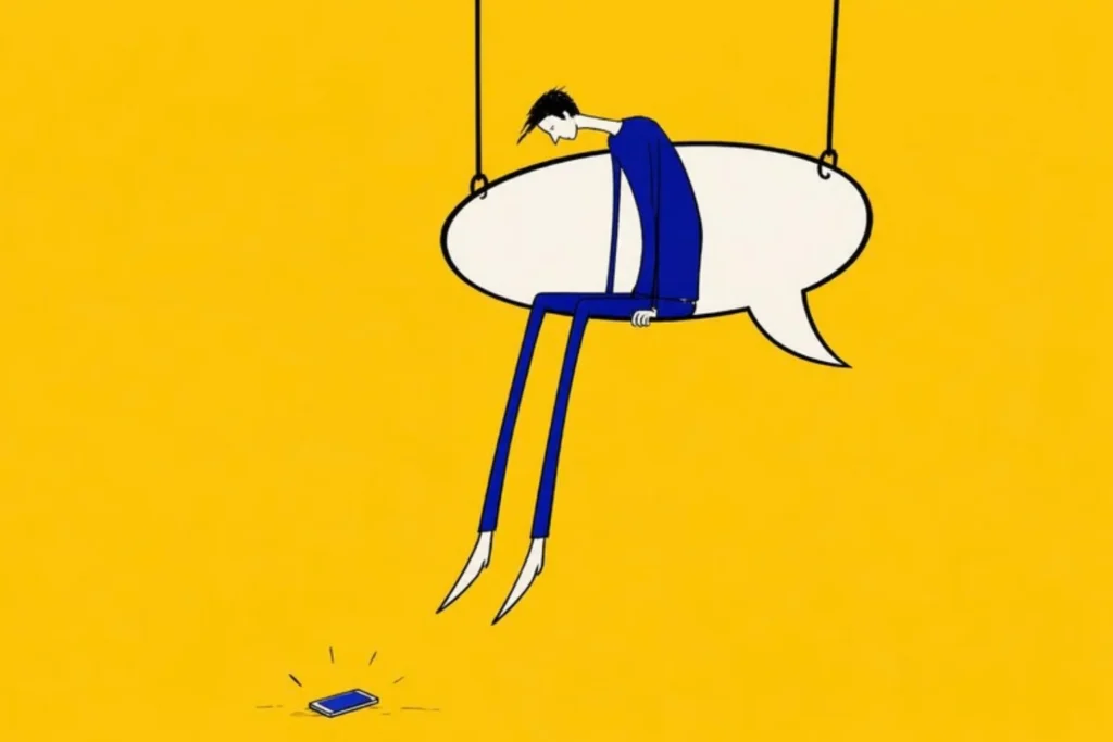 Illustration of a person sitting inside a giant empty speech bubble hung like a swing, legs dangling, a phone on the ground below, mustard background