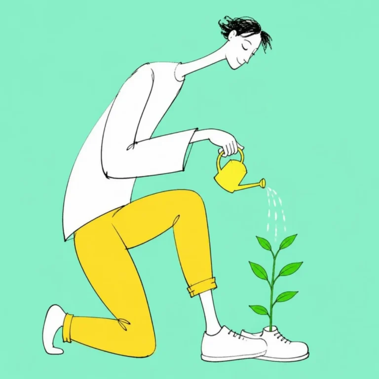 Illustration of a person kneeling to water a small plant growing out of their own shoe, mint green background