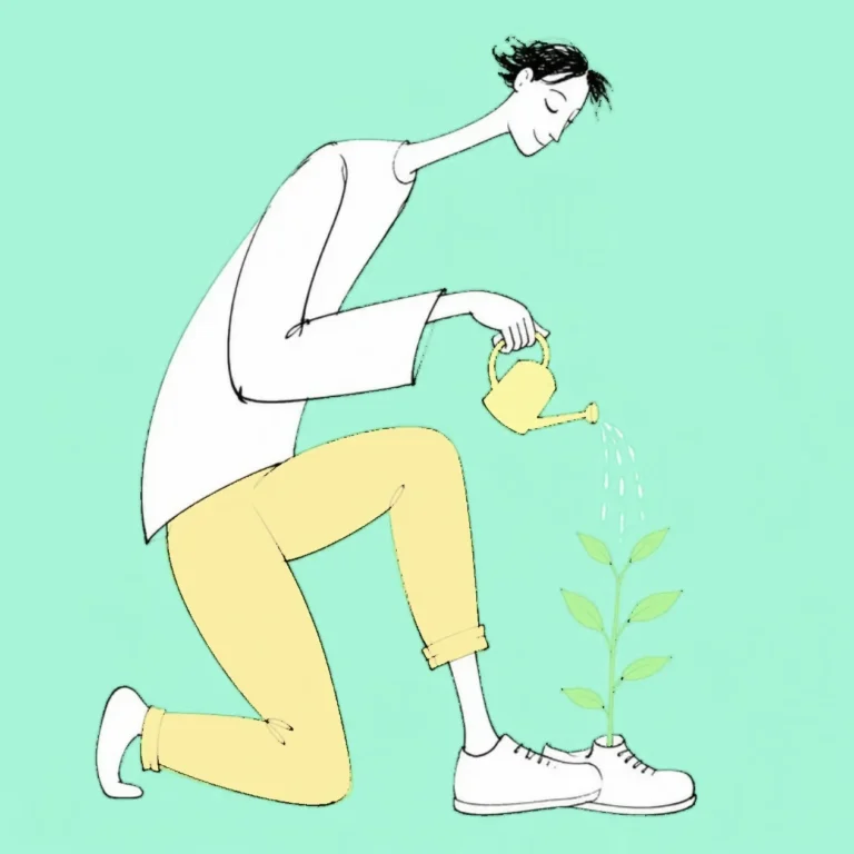 Illustration of a person kneeling to water a small plant growing out of their own shoe, mint green background