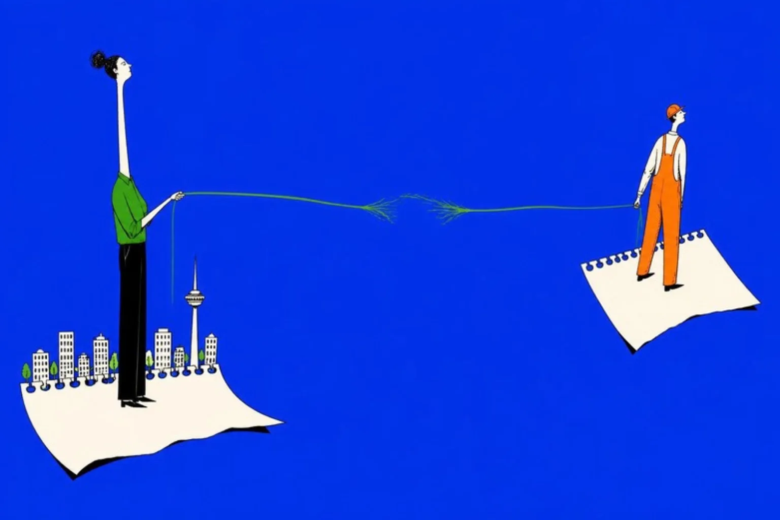 Editorial illustration: a woman standing on a torn calendar page beside a small city skyline holds a long green thread across bright blue space to a man in an orange hard hat on another calendar page drifting away, the thread fraying in the middle