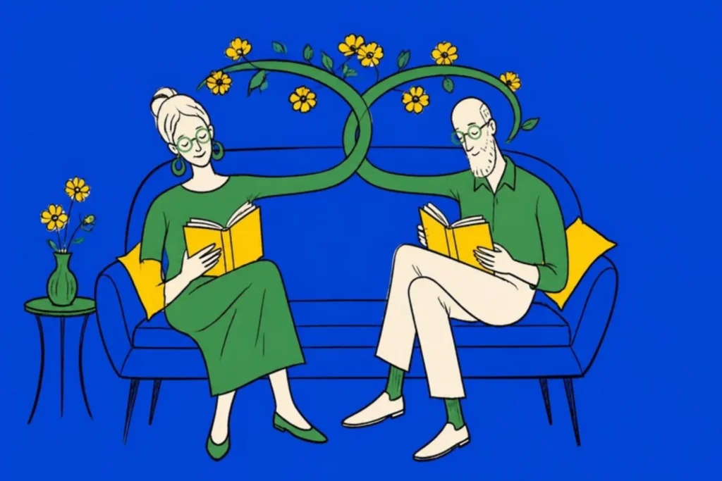 An older couple reading on a small sofa, their arms grown together into one flowering vine
