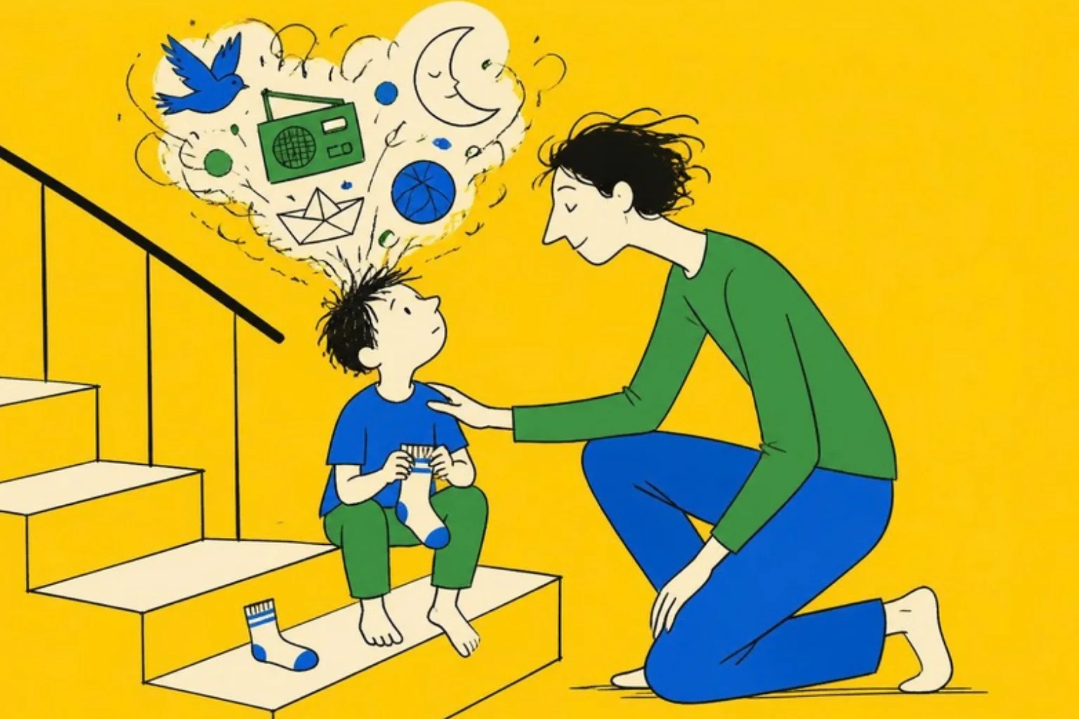 A child on the stairs holding one sock while a busy cloud of thoughts floats above, a parent kneels at eye level beside the child