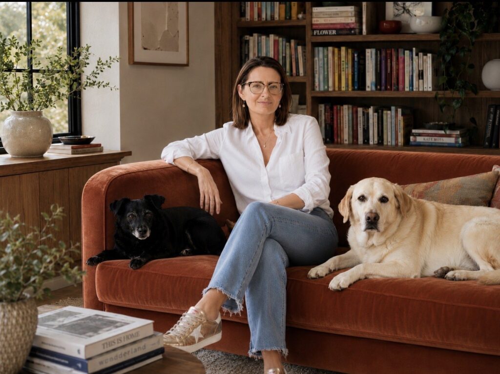 Kita Tabachka, BACP registered relational therapist, at home with her two dogs