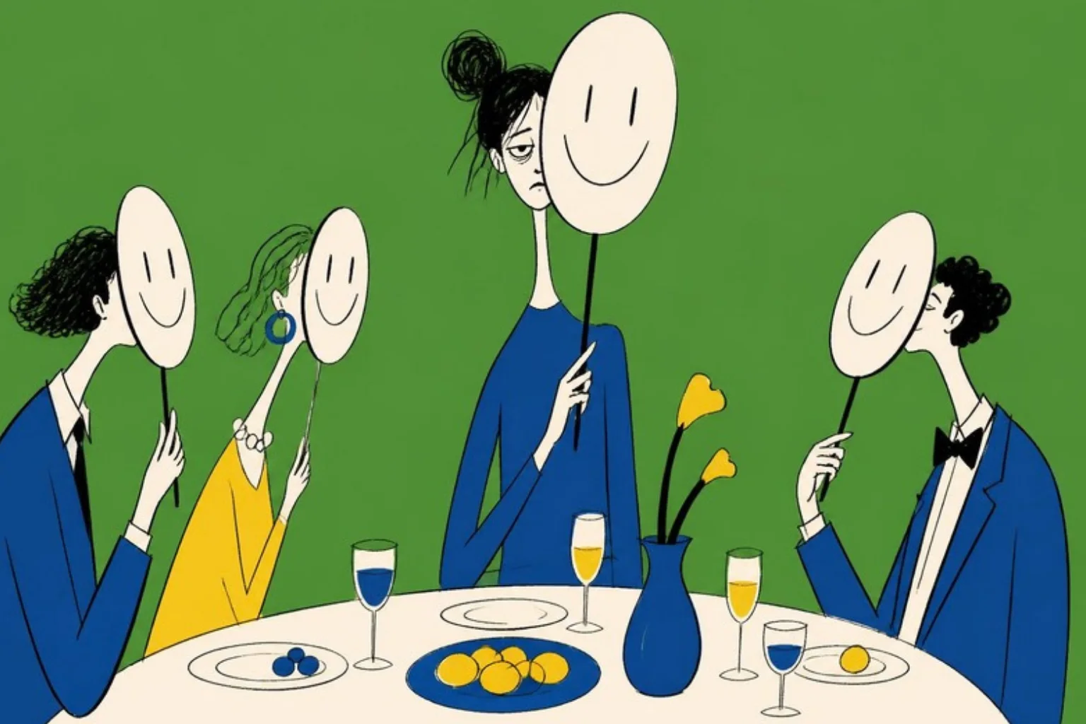 Dinner guests each holding a smiling paper mask on a stick in front of their faces, one tired real face peeking out