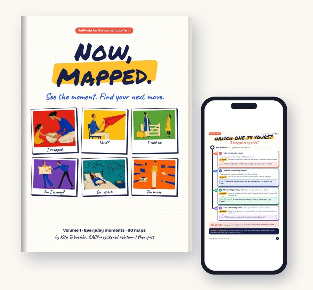 Now, Mapped book cover beside a phone showing a page from the PDF