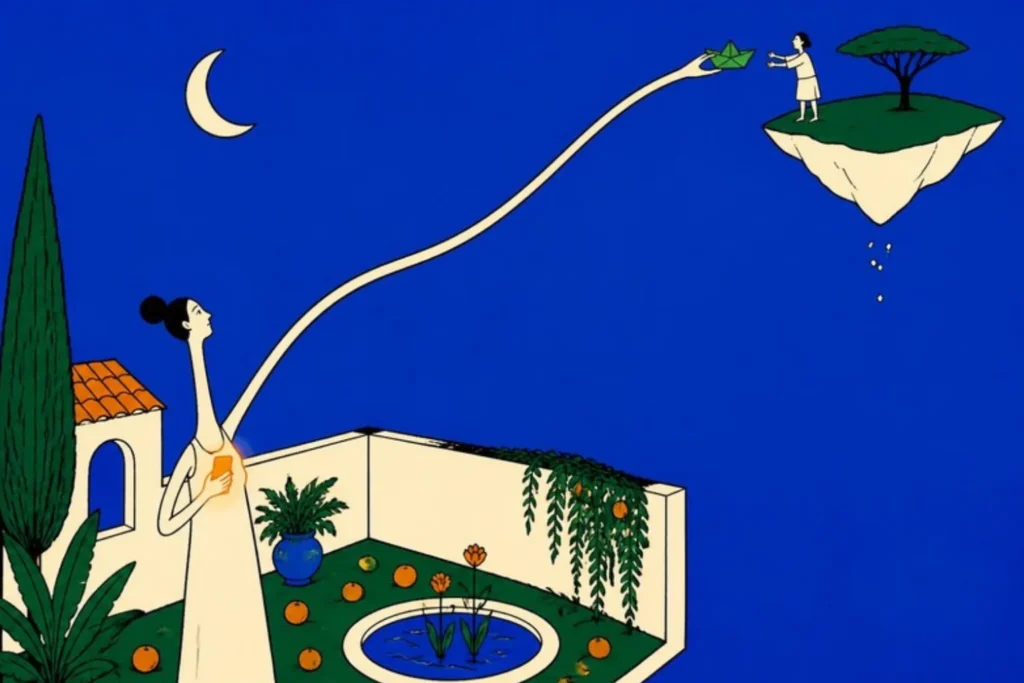 Editorial illustration: a woman in a walled villa garden at night stretches one long arm over the wall to pass a green paper boat to a distant friend on a floating island, a picture of reaching for support far from home after an affair
